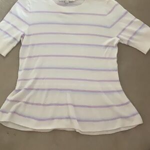 LOFT White and Cream Peplum Blouse with Purple & Blue Stripes